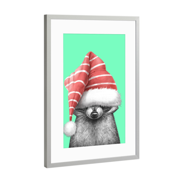 Poster mit Rahmen Silber "Waschbär mit Weihnachtsmütze" artboxONE - Tiere,Weihnachten,Lustig