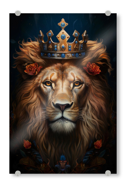 Acrylglasbild "Lion King Crown (matart)" artboxONE - Tiere - Löwe,Löwen,Tier,Tiere,Natur,Wild,Tierwelt,König,Krone,Blumen