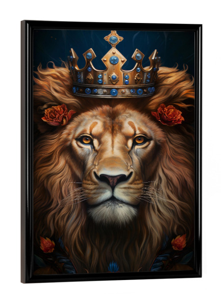 Poster mit schwarzem Rahmen "Lion King Crown (matart)" artboxONE - Tiere - Löwe,Löwen,Tier,Tiere,Natur,Wild,Tierwelt,König,Krone,Blumen