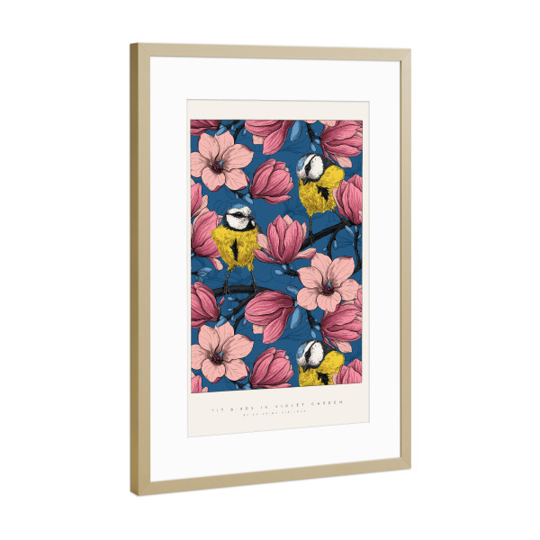 Poster mit Rahmen Gold "Kirilova - Frühling" artboxONE - Natur,Floral,Tiere - Blume,Blüte,Natur,Botanik,Tropisch,Dschungel,Bunt,Farbenfroh,Vogel,Tier