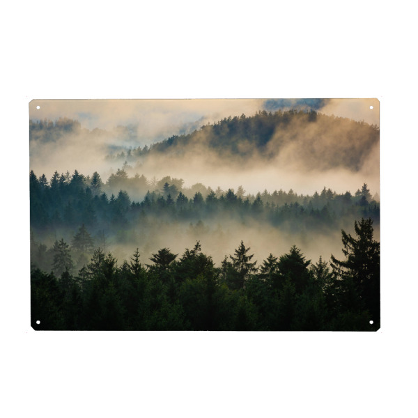 Holzbild "Nebel im Wald" artboxONE - Natur,Reise - Wald,Bayerischer wald,Bäume,Berge,Grafenau,Nebel,Sonnenuntergang,Bayern,Deutschland