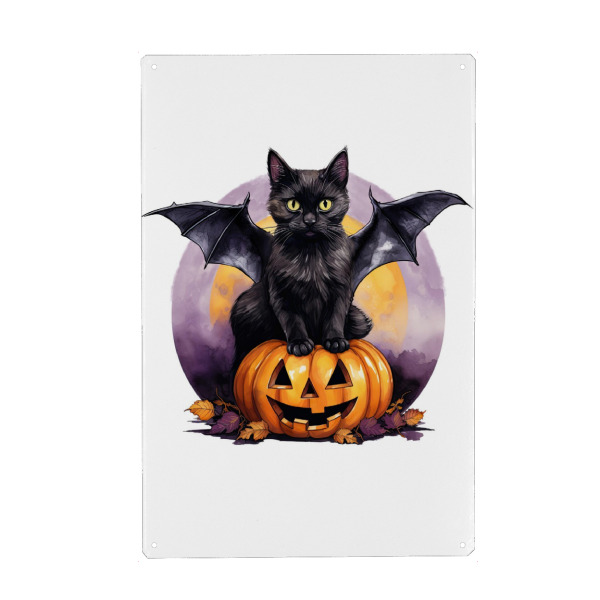 Metall Poster "Black Bat Cat with Pumpkin" artboxONE - Tiere,Essen & Trinken,Festivals,Halloween
