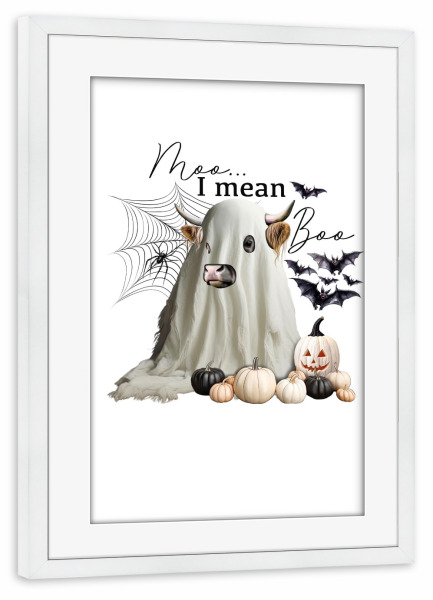 Poster mit Rahmen weiß "Muh, ich meine Buh" artboxONE - Tiere,Fashion,Festivals,Halloween