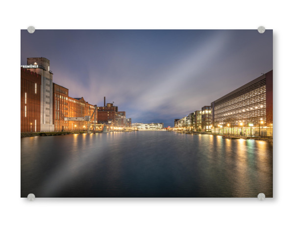 Acrylglasbild "Innenhafen Duisburg" artboxONE - Städte,Architektur - Duisburger hafen,Innenstadt,Nordrhein-westfalen,Blaue stunde,Langzeitbelichtung