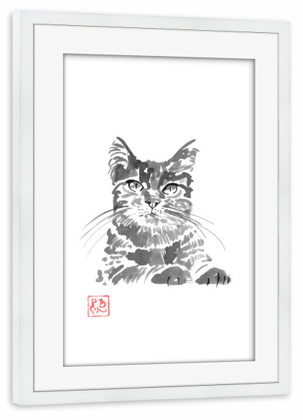 Poster mit Rahmen weiß "Clyde-Dach" artboxONE - Tiere - Katze,Sumie,Japan