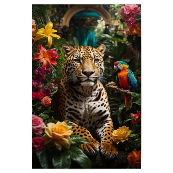 Poster 30x20 cm "Jaguar in the forest" artboxONE - Natur,Tiere - Jaguar im wald,Surrealismus,Ara,Landschaft,Dschungel,Jaguar,Surreal,Tiere,Dekoration
