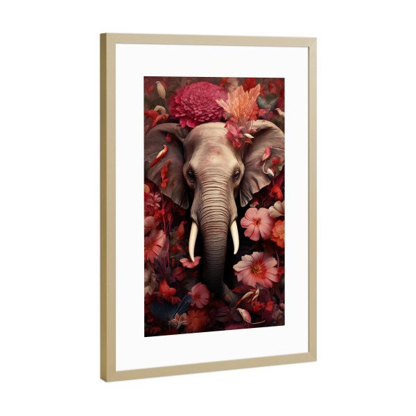 Poster mit Rahmen Gold "Elephant Flowers 2 (matart)" artboxONE - Natur,Tiere - Elefant,Elefanten,Tier,Tiere,Natur,Afrika,Wild,Tierwelt,Blumen