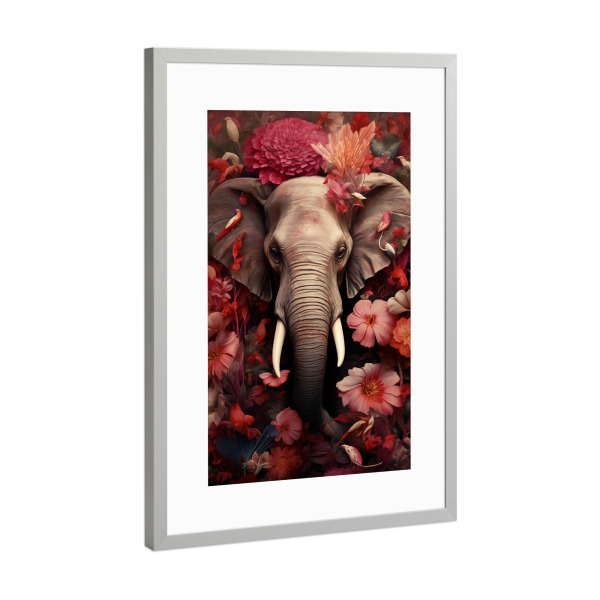 Poster mit Rahmen Silber "Elephant Flowers 2 (matart)" artboxONE - Natur,Tiere - Elefant,Elefanten,Tier,Tiere,Natur,Afrika,Wild,Tierwelt,Blumen