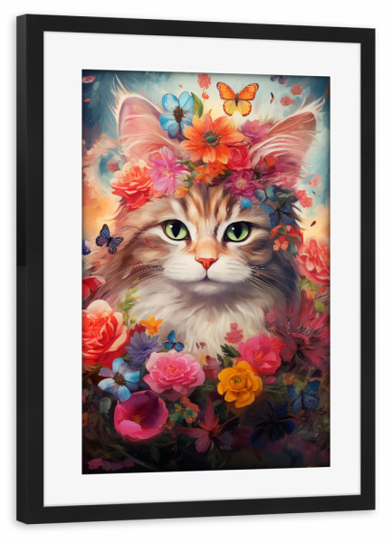 Poster mit Rahmen schwarz "Cat Flowers 2 (matart)" artboxONE - Natur,Tiere - Katze,Katzen,Tier,Tiere,Kätzchen,Natur,Blumen,Schmetterlinge,Niedlich