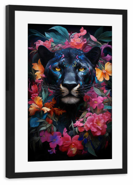 Poster mit Rahmen schwarz "Panther Flowers 2 (matart)" artboxONE - Natur,Tiere - Panther,Tier,Tiere,Natur,Tierwelt,Blumen,Wald