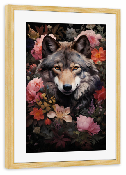 Poster mit Rahmen kiefer "Wolf Flowers (matart)" artboxONE - Natur,Tiere - Wolf,Wölfe,Tier,Tiere,Natur,Wild,Blumen
