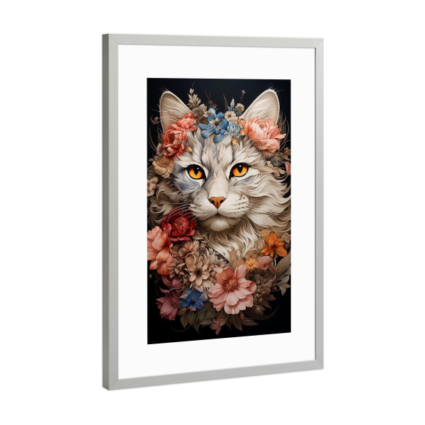 Poster mit Rahmen Silber "Cat Flowers (matart)" artboxONE - Natur,Tiere - Katze,Katzen,Tier,Tiere,Kätzchen,Natur,Blumen
