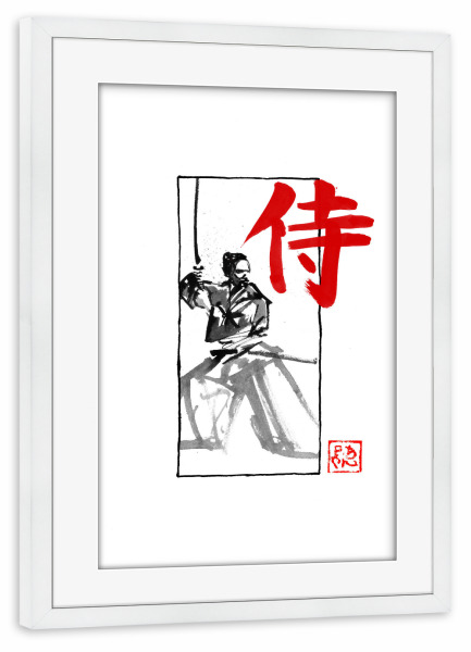 Poster mit Rahmen weiß "Kumitate Samurai in der Garde" artboxONE - Reise / Asien - Sumie,Japan,Samurai,Kanji