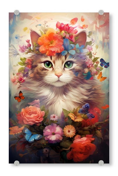 Acrylglasbild "Cat Flowers 3 (matart)" artboxONE - Natur,Tiere - Katze,Katzen,Tier,Tiere,Kätzchen,Natur,Blumen,Schmetterlinge,Niedlich