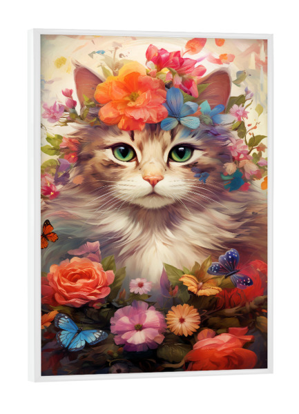 Poster mit weißem Rahmen "Cat Flowers 3 (matart)" artboxONE - Natur,Tiere - Katze,Katzen,Tier,Tiere,Kätzchen,Natur,Blumen,Schmetterlinge,Niedlich