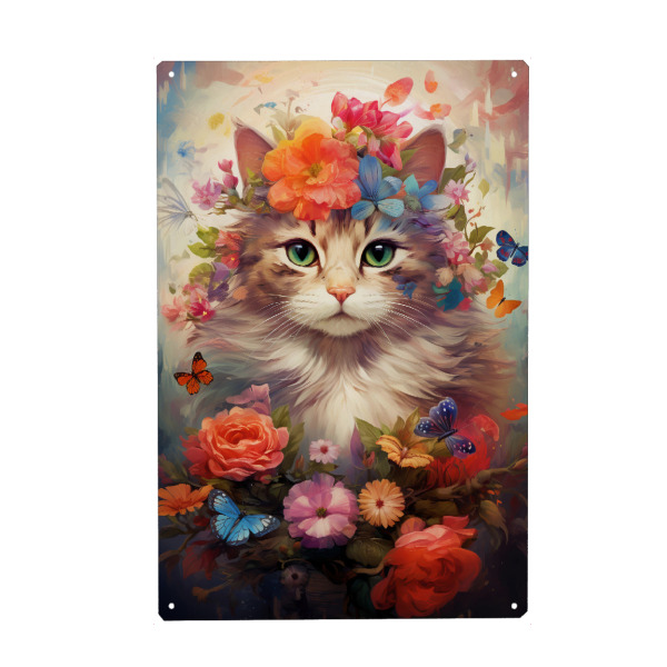 Holzbild "Cat Flowers 3 (matart)" artboxONE - Natur,Tiere - Katze,Katzen,Tier,Tiere,Kätzchen,Natur,Blumen,Schmetterlinge,Niedlich