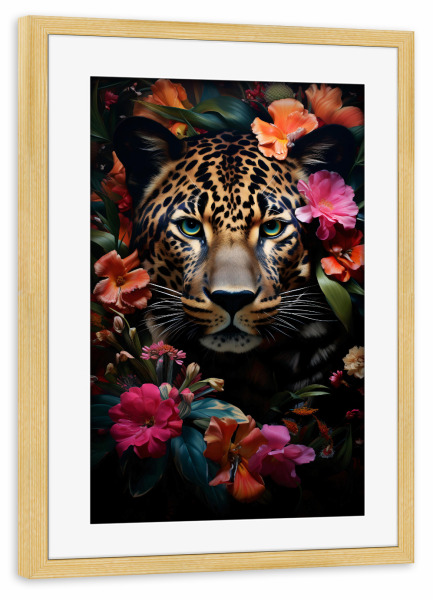 Poster mit Rahmen kiefer "Leopard Flowers (matart)" artboxONE - Natur,Tiere - Leopard,Katze,Katzen,Tier,Tiere,Natur,Wild,Tierwelt,Blumen,Blätter,Wald