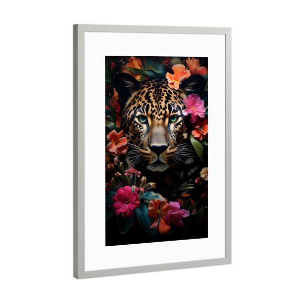 Poster mit Rahmen Silber "Leopard Flowers (matart)" artboxONE - Natur,Tiere - Leopard,Katze,Katzen,Tier,Tiere,Natur,Wild,Tierwelt,Blumen,Blätter,Wald
