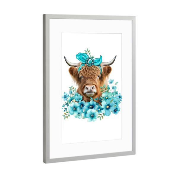 Poster mit Rahmen Silber "Western Highland Cow Türkis" artboxONE - Floral,Tiere,Lustig