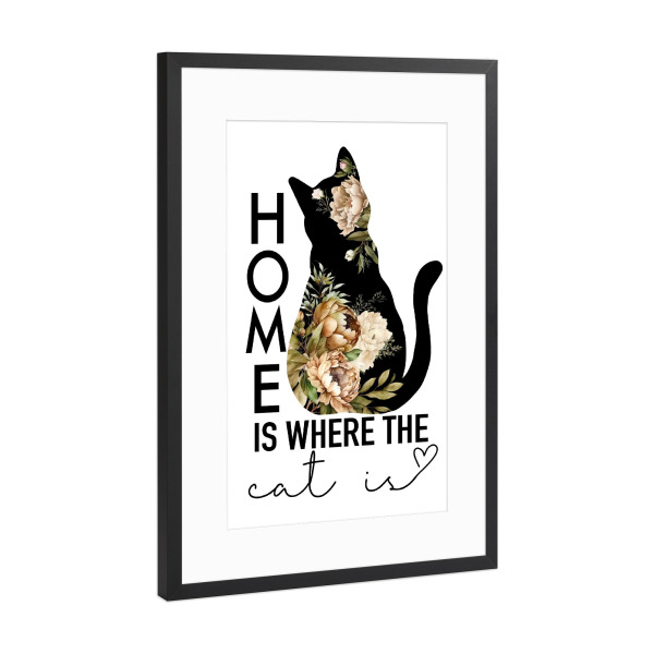 Poster mit Rahmen Schwarz (Metallic) "Katze mit Pfingstrosen" artboxONE - Floral,Tiere,Fashion,Festivals,Lustig