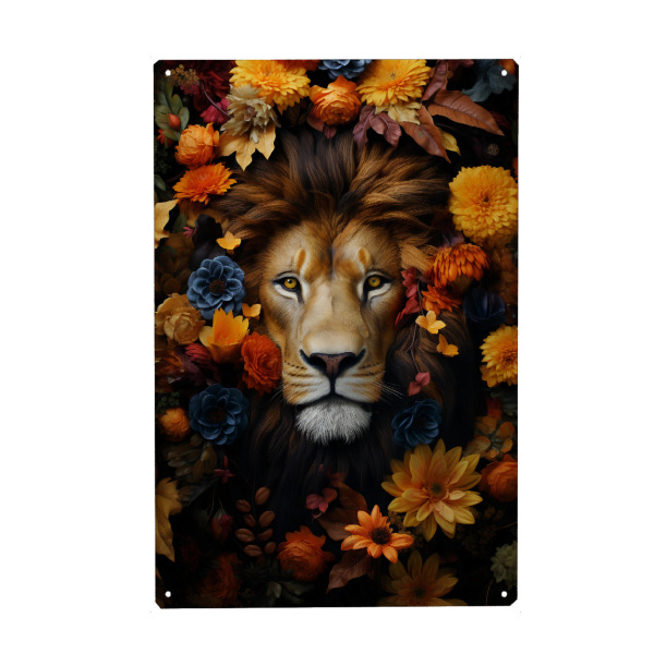 Metall Poster "Lion Flowers 2 (matart)" artboxONE - Natur,Tiere - Löwe,Löwen,Tier,Tiere,Natur,Wild,Tierwelt,König,Blumen - Blechschild