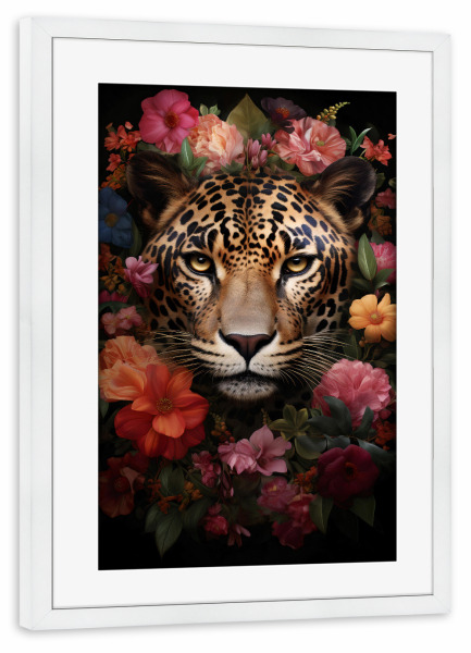 Poster mit Rahmen weiß "Leopard Flowers 3 (matart)" artboxONE - Natur,Tiere - Leopard,Tier,Tiere,Katze,Katzen,Natur,Wild,Tierwelt,Blumen