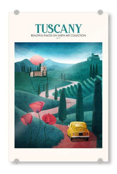 Acrylglasbild "Tunaboylu - Travel Tuscany" artboxONE - Natur,Reise,Automobile - Italien,Toskana,Landschaft,Natur,Auto,Vintage,Typografie,Reise,Urlaub