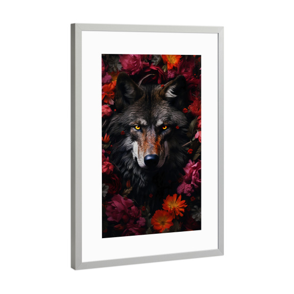 Poster mit Rahmen Silber "Wolf Flowers 2 (matart)" artboxONE - Natur,Tiere - Wolf,Wölfe,Tier,Tiere,Natur,Wild,Blumen