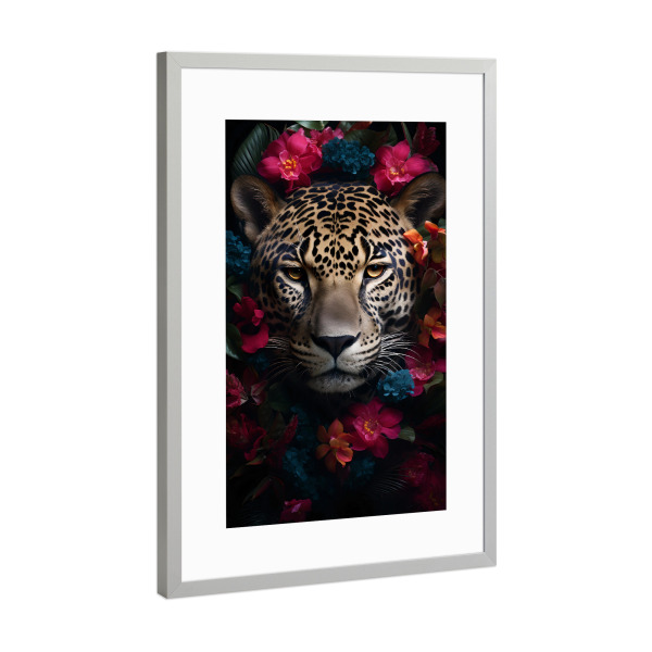 Poster mit Rahmen Silber "Leopard Flowers 2 (matart)" artboxONE - Natur,Tiere - Leopard,Tier,Tiere,Katze,Katzen,Natur,Wild,Tierwelt,Blumen