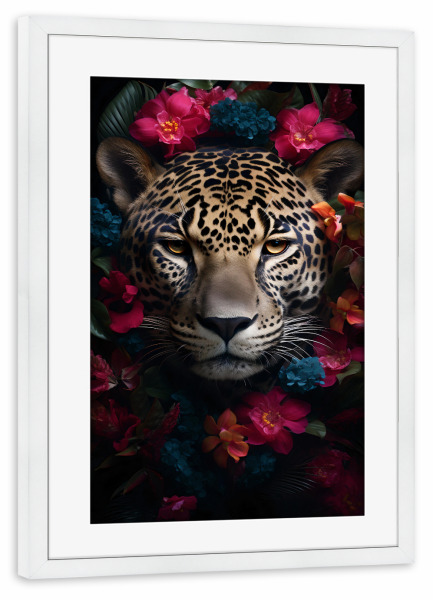 Poster mit Rahmen weiß "Leopard Flowers 2 (matart)" artboxONE - Natur,Tiere - Leopard,Tier,Tiere,Katze,Katzen,Natur,Wild,Tierwelt,Blumen