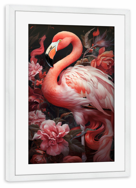 Poster mit Rahmen weiß "Flamingo Flowers (matart)" artboxONE - Natur,Tiere - Flamingo,Flamingos,Vogel,Vögel,Tier,Tiere,Natur,Blumen