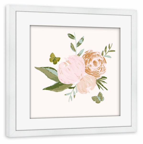 Poster mit Rahmen weiß "Lisa Dolson - Floral Schmetterling" artboxONE - Natur,Floral,Tiere - Natur,Pflanze,Blumenstrauß,Blüten,Blumen,Botanik