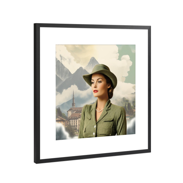 Poster mit Rahmen Schwarz (Metallic) "BERGDAME MIT GRÜNER HÜTTE" artboxONE - Abstrakt,Menschen,Streetart - Schweiz,Berge,Kopf