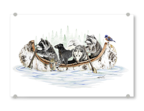 Acrylglasbild "Critter-Kanu" artboxONE - Tiere,Lustig - Wald,Tiere,Waschbär,Dachs,Opossum,Wald,Bach,Kanu,Floß,Fluss