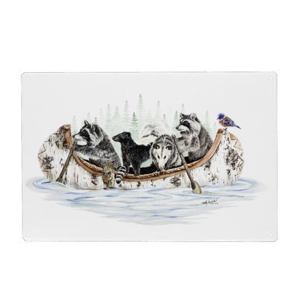 Metall Poster "Critter-Kanu" artboxONE - Tiere,Lustig - Wald,Tiere,Waschbär,Dachs,Opossum,Wald,Bach,Kanu,Floß,Fluss - Blechschild