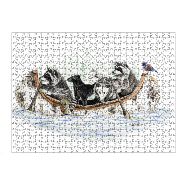 Puzzle Ravensburger "Critter-Kanu" artboxONE - Tiere,Lustig - Wald,Tiere,Waschbär,Dachs,Opossum,Wald,Bach,Kanu,Floß,Fluss - Bild wald