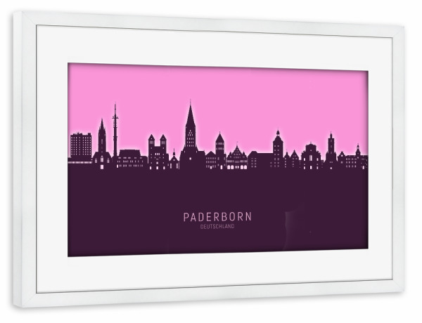 Poster mit Rahmen weiß "Paderborner Skyline leuchtend rosa" artboxONE - Städte