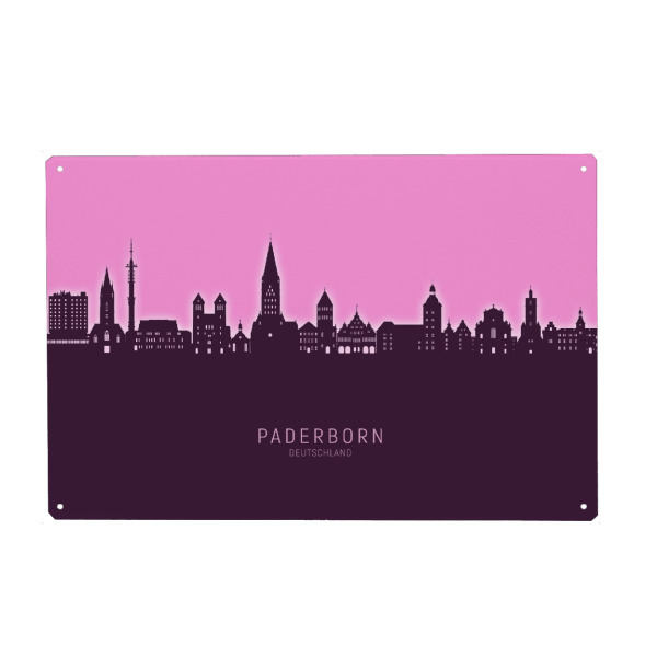 Metall Poster "Paderborner Skyline leuchtend rosa" artboxONE - Städte - Paderborn,Deutschland,Deutschlandskyline,Stadtbild,Stadtbild,Aquarell,Malerei
