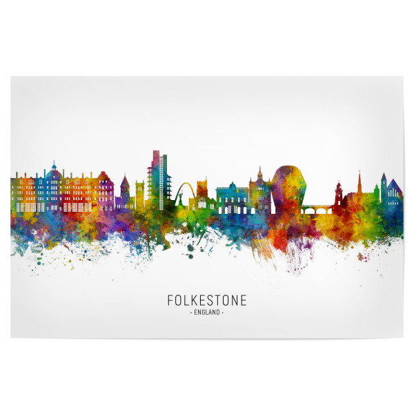 Poster "Folkestone England Skyline txt" artboxONE - Städte - Folkestone,England,Vereinigtes königreich skyline,Stadtbild,Stadtbild,Aquarell,Malerei