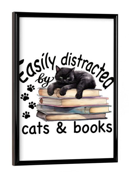 Poster mit schwarzem Rahmen "Schwarze Katze auf Büchern" artboxONE - Typografie,Tiere,Fashion,Buchstaben,Lustig