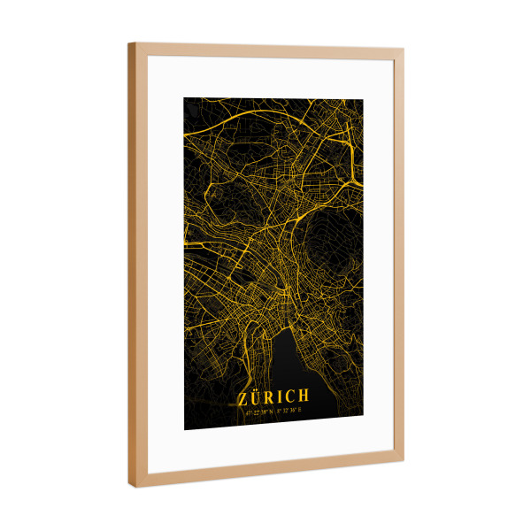Poster mit Rahmen Kupfer "Zürich Map Design Gold" artboxONE - Städte / Zürich
