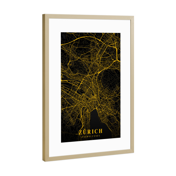 Poster mit Rahmen Gold "Zürich Map Design Gold" artboxONE - Städte / Zürich