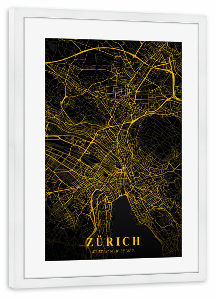 Poster mit Rahmen weiß "Zürich Map Design Gold" artboxONE - Städte / Zürich