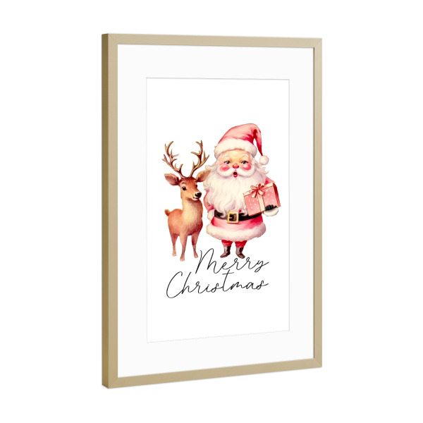Poster mit Rahmen Gold "Retro Pink Santa Claus with Deer" artboxONE - Tiere,Menschen,Weihnachten,Festivals,Lustig