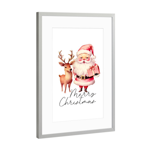 Poster mit Rahmen Silber "Retro Pink Santa Claus with Deer" artboxONE - Tiere,Menschen,Weihnachten,Festivals,Lustig