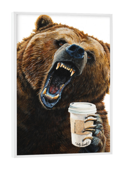 Poster mit weißem Rahmen "Grizzly-Morgen" artboxONE - Tiere,Essen & Trinken,Lustig - Tiere,Bär,Grizzly,Humor,Kaffee,Getränke