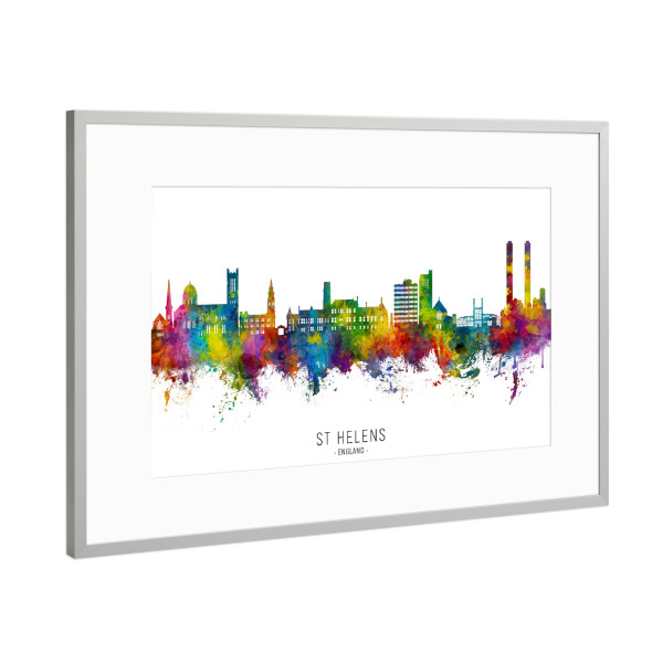 Poster mit Rahmen Silber "St Helens England Skyline txt" artboxONE - Städte