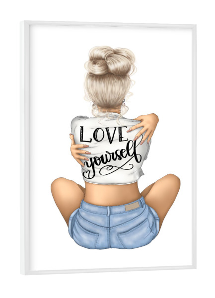 Poster mit weißem Rahmen "Love Yourself | Blonde Girl" artboxONE - Menschen,Fashion,Buchstaben,Für Mama,Lustig