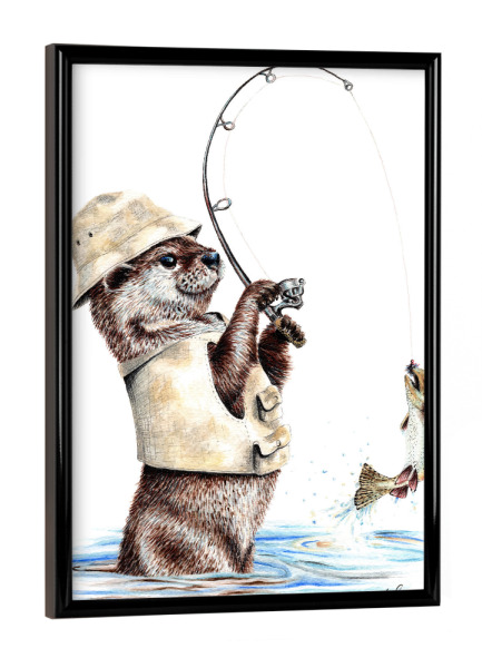 Poster mit schwarzem Rahmen "Der Fischer der Natur" artboxONE - Tiere,Lustig - Tiere,Otter,Angeln,Bach,Fluss,Lustig,Fischer,Wald,Fisch