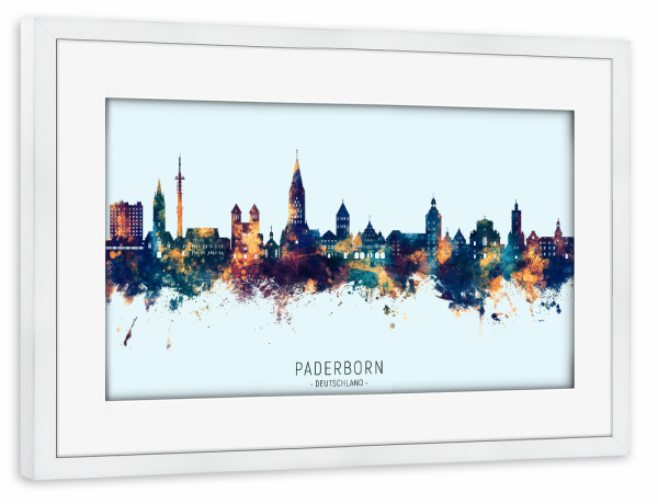 Poster mit Rahmen weiß "Paderborn Skyline BlauOrange" artboxONE - Städte